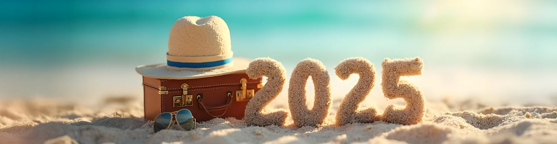 2025-tariffs a sunny beach with a small suitcase on it. A straw boater on the suitcase and sun-glasses on the sand. 2025 written in sand